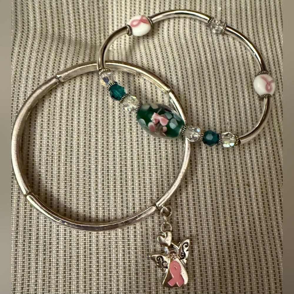 2 pc: Silver Tone Bracelets Angel Bracelet w/Pink Ribbon Charm & glass beaded